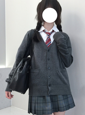 JK毛衣开衫女秋冬季日系学院风V领深灰打底衫毛衣针织衫长袖上衣