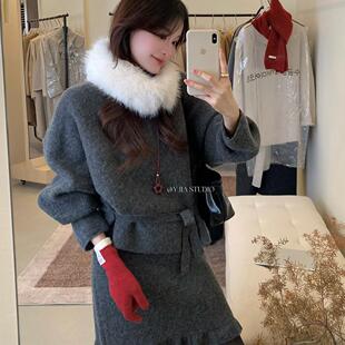 1283 高腰半身裙套装 配可拆卸毛 毛衣 AXY.JIA伊嘉秋冬时髦蝙蝠袖