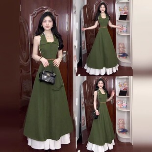 2025新款 绿色挂脖吊带连衣裙子女夏季 收腰气质背心长 无袖 AX新中式