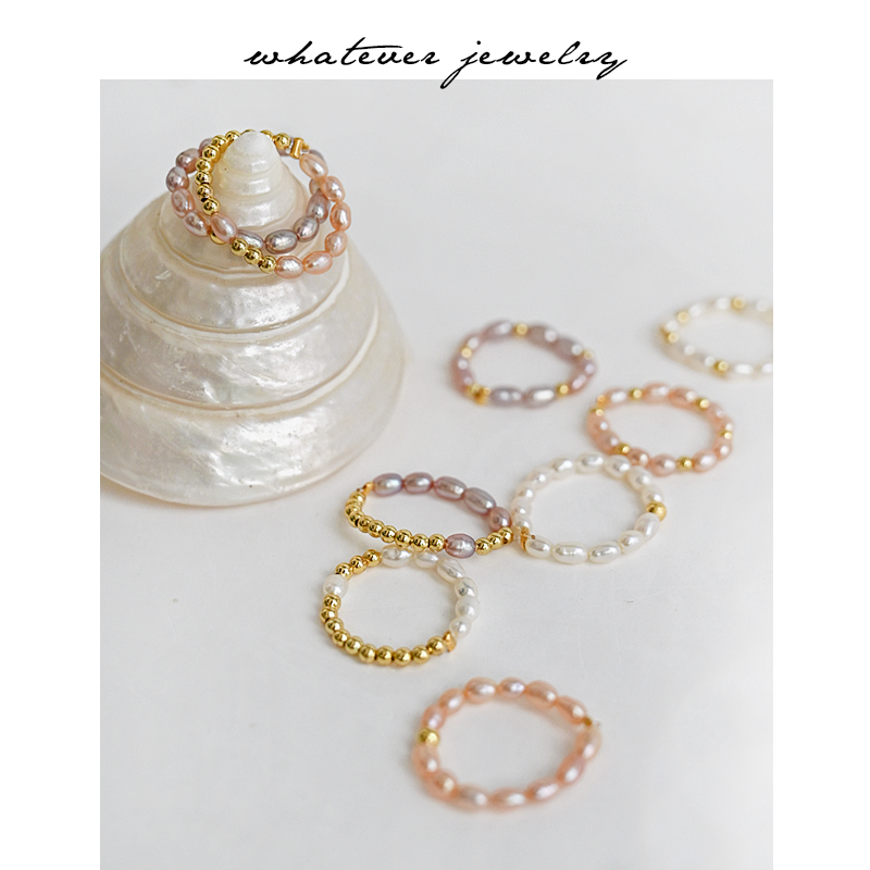 手工极简可叠带复古强光米珠戒指