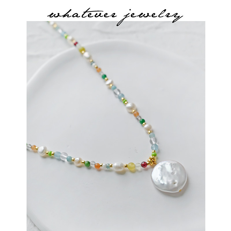 whatever小众设计冷色系石头巴洛克纽扣珍珠项链复古优雅圆珠链女