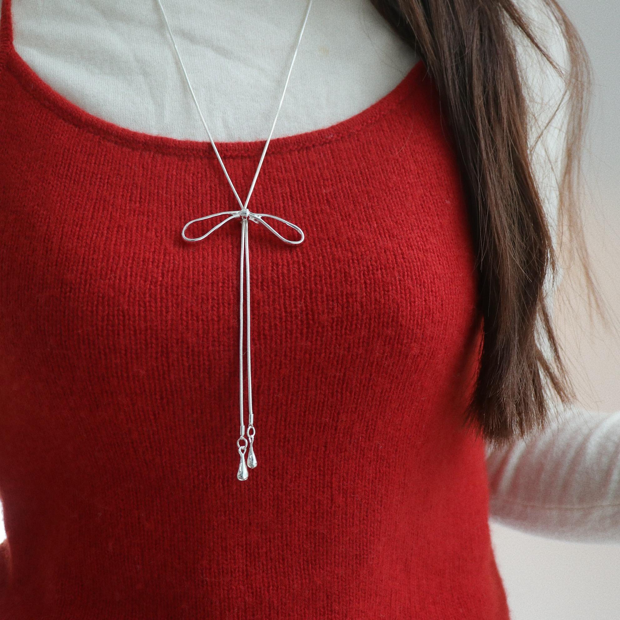 蝴蝶结流苏项链轻奢小众设计感可调节长款毛衣链配饰女款颈链首饰