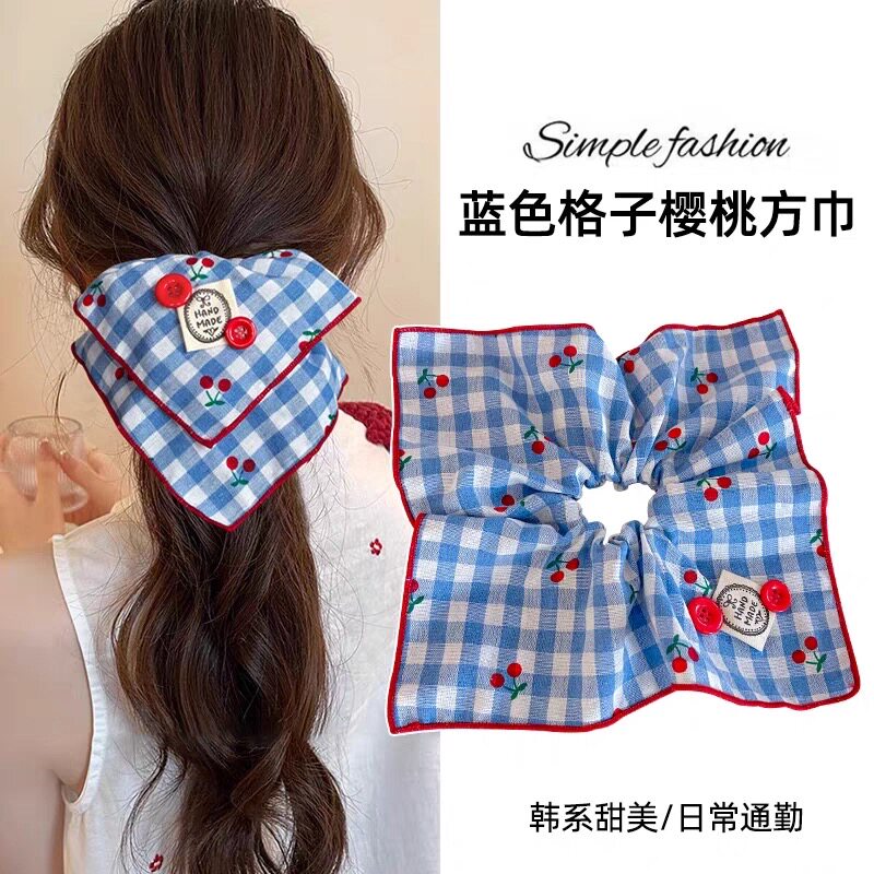 韩系蓝色格子方巾大肠发圈女方形头绳高级感慵懒风扎头发大号发饰