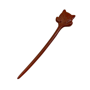 可爱猫咪发簪女新中式U型簪子檀木高级感后脑勺盘发头饰古风发钗