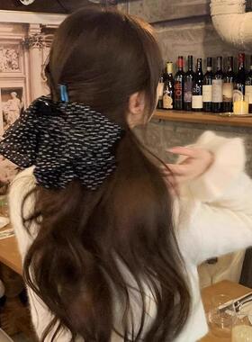 法式复古波点黑色蝴蝶结抓夹女半扎发卡韩式新款高级发夹飘带夹子