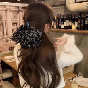 法式复古波点黑色蝴蝶结抓夹女半扎发卡韩式新款高级发夹飘带夹子