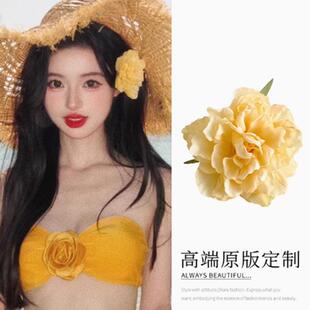 旅游拍照头饰女海边花朵发夹明媚黄色牡丹花侧边夹耳后刘海发卡子