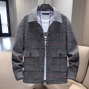 2025简约时尚格子翻领毛呢大衣男休闲韩版短款夹克外套男冬季色织
