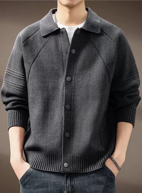 高端重磅翻领开衫毛衣男2025秋冬新款加厚美式宽松休闲针织衫外套