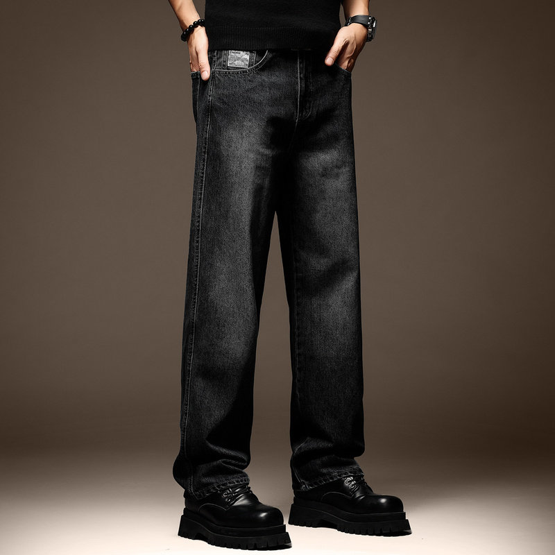 高端美式复古阔腿黑色牛仔裤男秋冬加绒宽松直筒潮牌大码休闲裤子