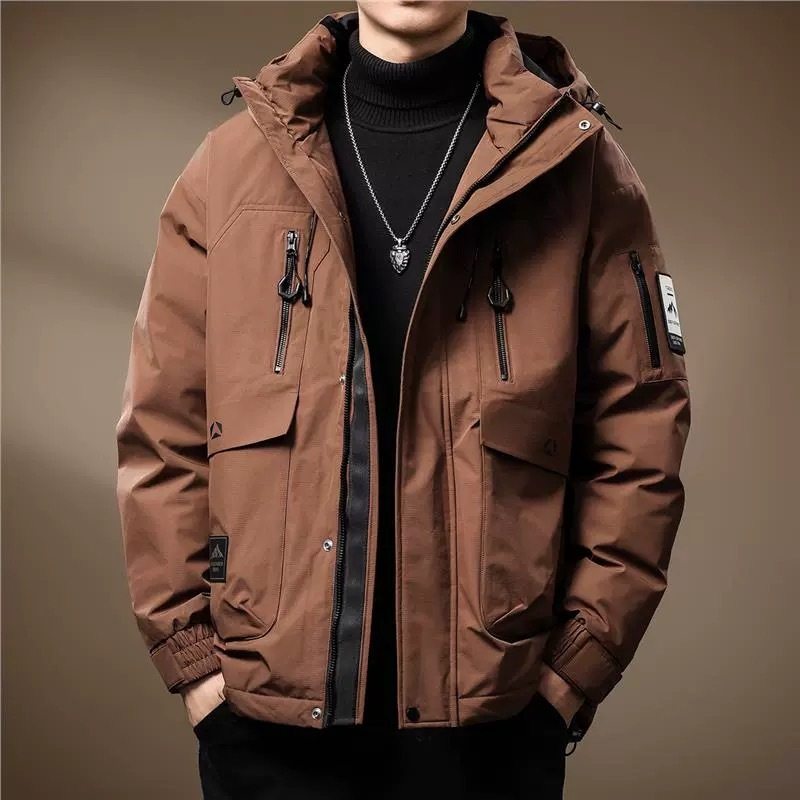 高端美式90%灰鸭绒工装羽绒服男士秋冬宽松大码保暖上衣连帽外套