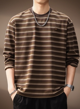 高端日系复古拼接条纹圆领长袖T恤男秋季新款潮流宽松打底海魂衫