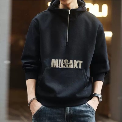 格蓝鹿美式复古潮流连帽男士卫衣秋季2025加绒宽松半拉链休闲外套