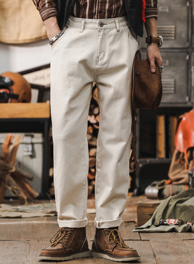 美式复古环保水洗白色牛仔裤男宽松直筒裤子男秋季简约百搭休闲裤