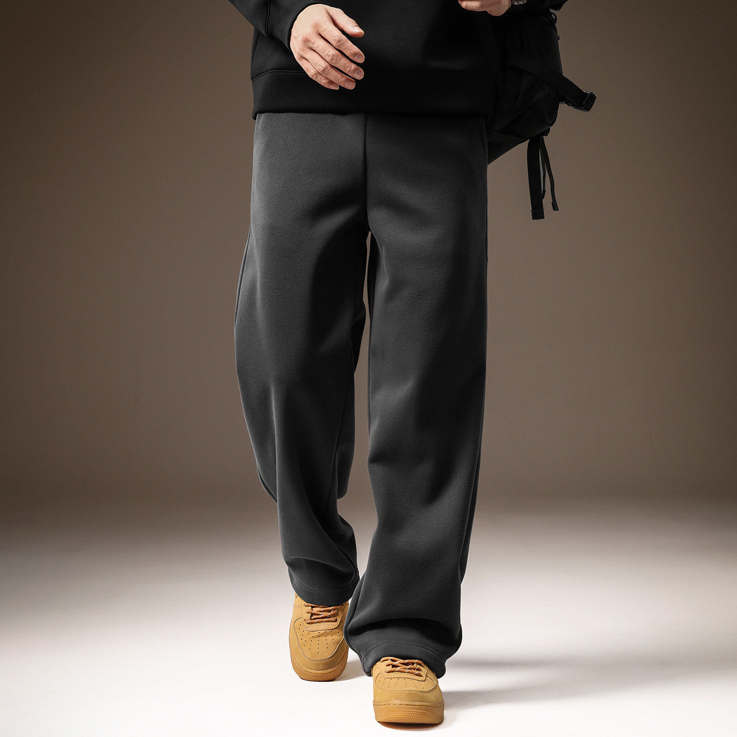 高端美式运动卫裤男冬季加绒重磅宽松直筒阔腿垂感弯刀休闲裤子男