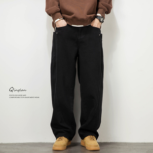 轻澜黑色牛仔裤男直筒宽松美式休闲阔腿弯刀裤加绒加厚潮牌裤子