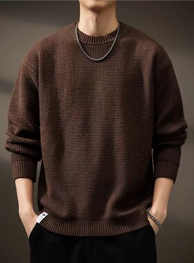 美式复古硬汉圆领毛衣男士秋季宽松潮牌内搭针织衫慵懒风线衣外套