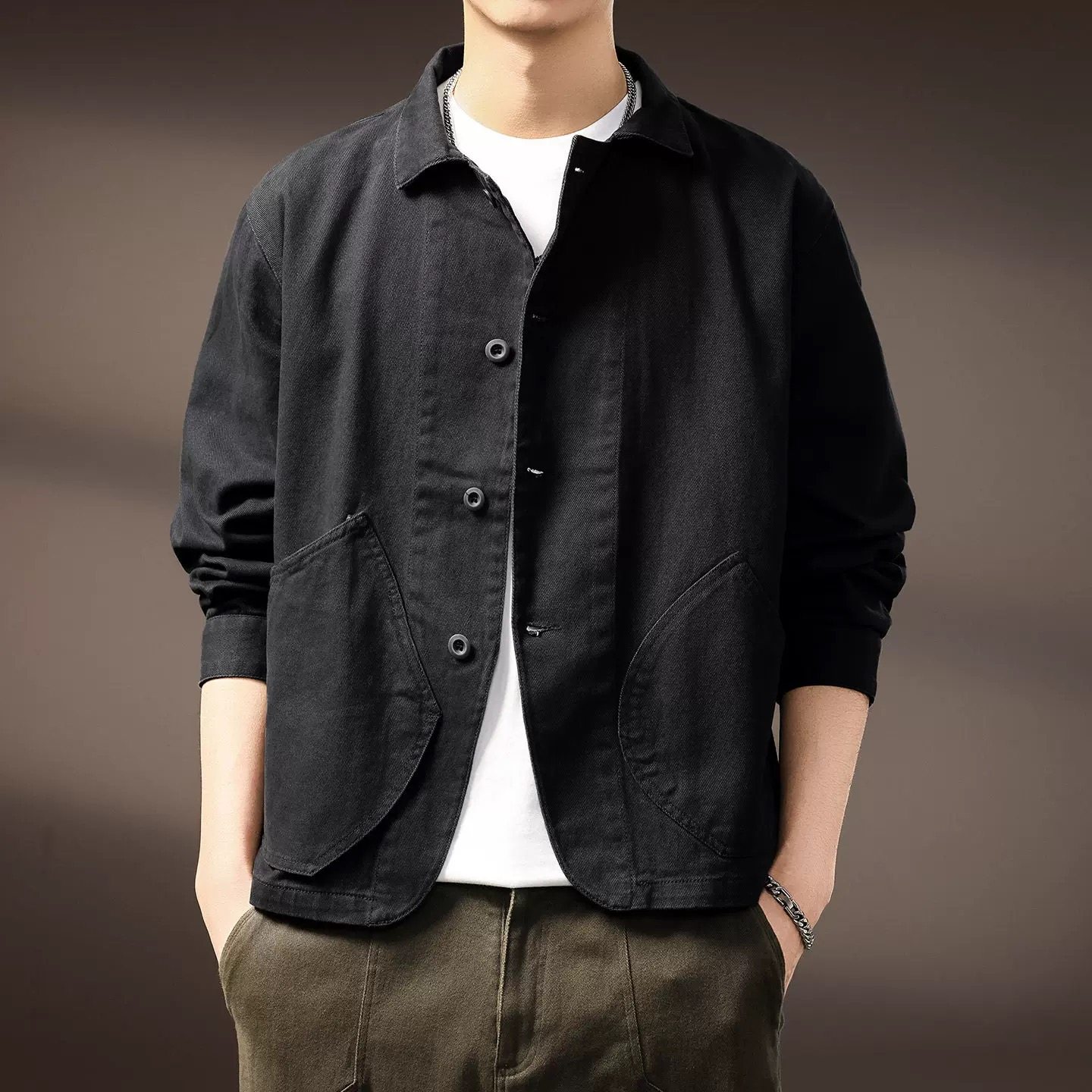 高端美式重磅潮牌工装复古夹克男秋冬新款百搭小众长袖衬衫外套男