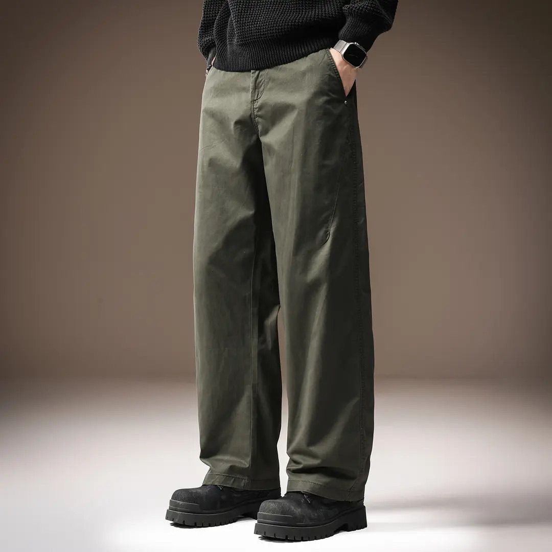 高端日系复古纯棉男士休闲裤秋季加绒纯色简约宽松直筒阔腿长裤男