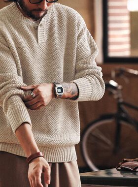 格蓝鹿美式重磅亨利领粗针毛衣男秋冬款老钱枫加厚保暖硬汉针织衫