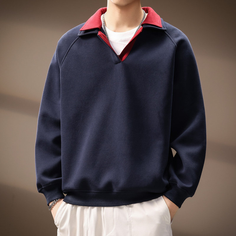 高级感法式翻领假两件Polo衫男秋季新款32支休闲宽松潮牌套头卫衣