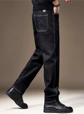 高端防褪色简约休闲牛仔裤男秋季加绒宽松直筒大码黑色复古长裤男