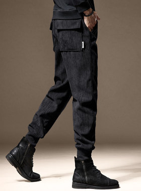 高端重磅竖条纹灯芯绒休闲裤男秋季新款黑色宽松卫裤哈伦束口裤男