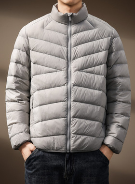 高端美式复古立领轻薄羽绒服男冬季休闲灰色保暖防寒排骨宽松外套
