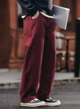 格蓝鹿美式复古潮牌红色男士休闲裤秋季新款宽松直筒阔腿工装裤子