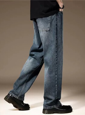 美式复古蓝色牛仔裤男潮牌宽松直筒大码秋季休闲新款阔腿长裤子男