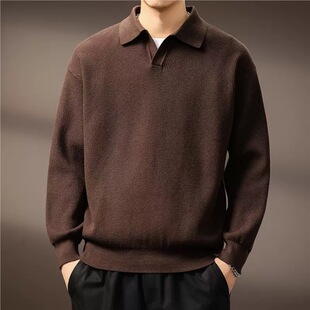 高端美式复古海鸥领Polo衫男秋季宽松老钱风套头坑条针织衫毛衣男