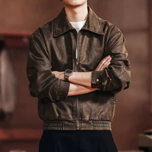 格蓝鹿美式复古做旧短款夹克男士秋季新款巴安油蜡皮宽松休闲外套