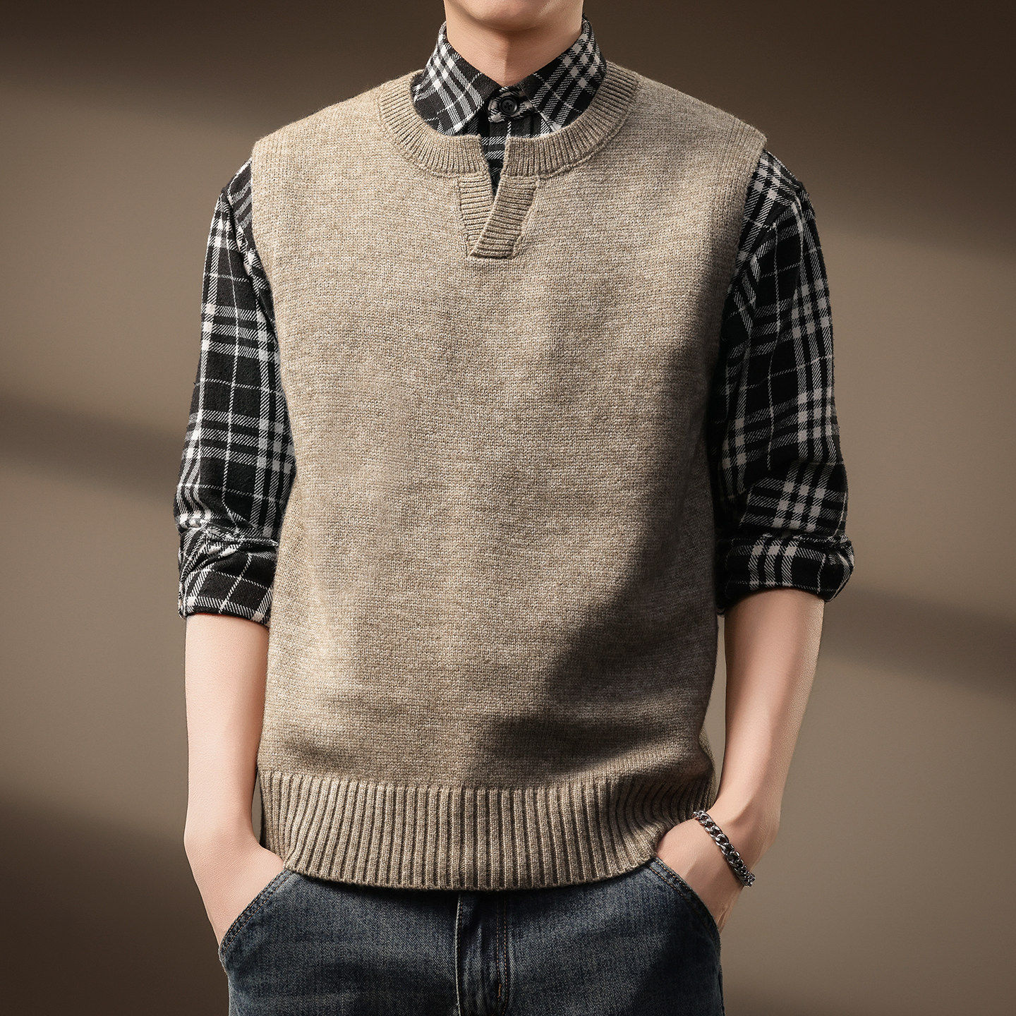 高端日系复古V领毛衣背心男秋冬季保暖纯色宽松无袖针织线衣马甲