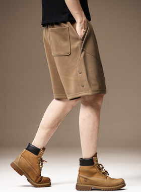 高端美式复古排扣运动短裤男夏季新款黑色宽松大码直筒休闲卫裤男