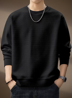 高端重磅肌理感重磅卫衣男秋季加绒宽松长袖打底内搭套头黑色上衣