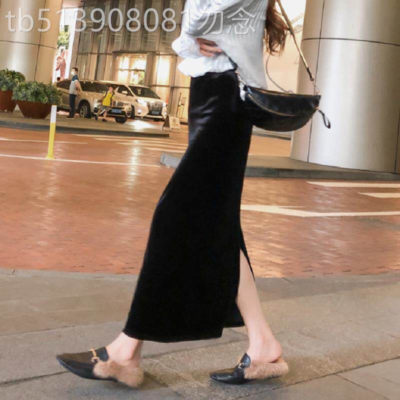 黑色金丝绒半身裙女早秋装欧货包臀长裙高腰开 叉显瘦中长版一步