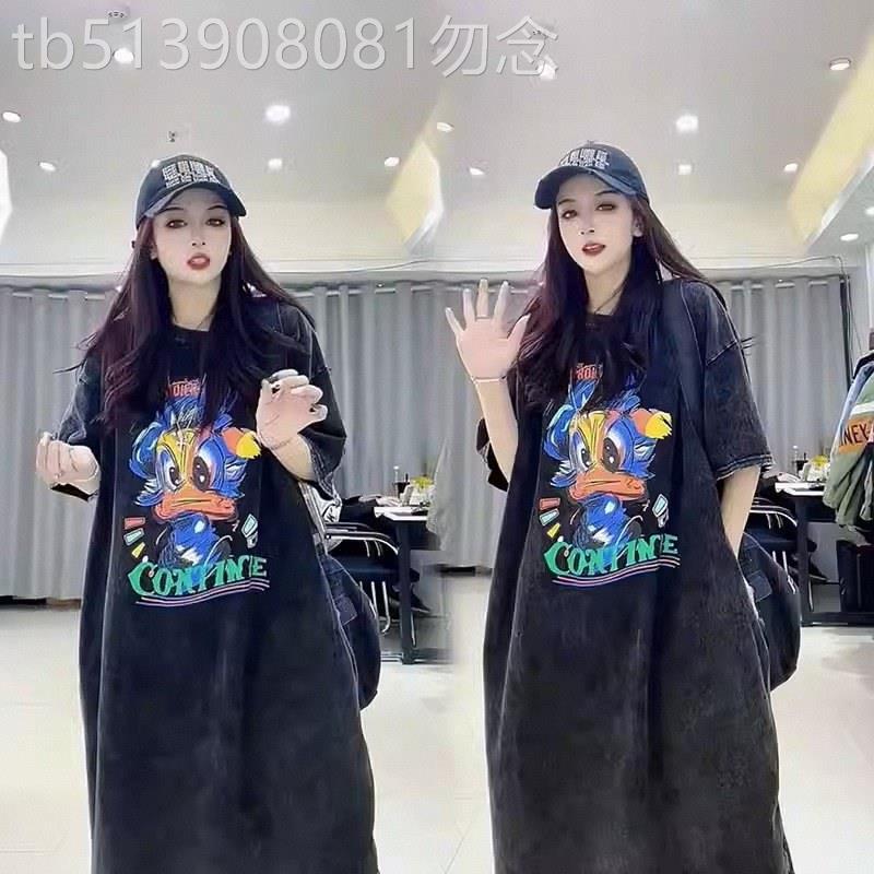 大码连衣裙女夏装欧货直筒裙卡通印花水洗棉宽松遮肉懒人t恤长裙