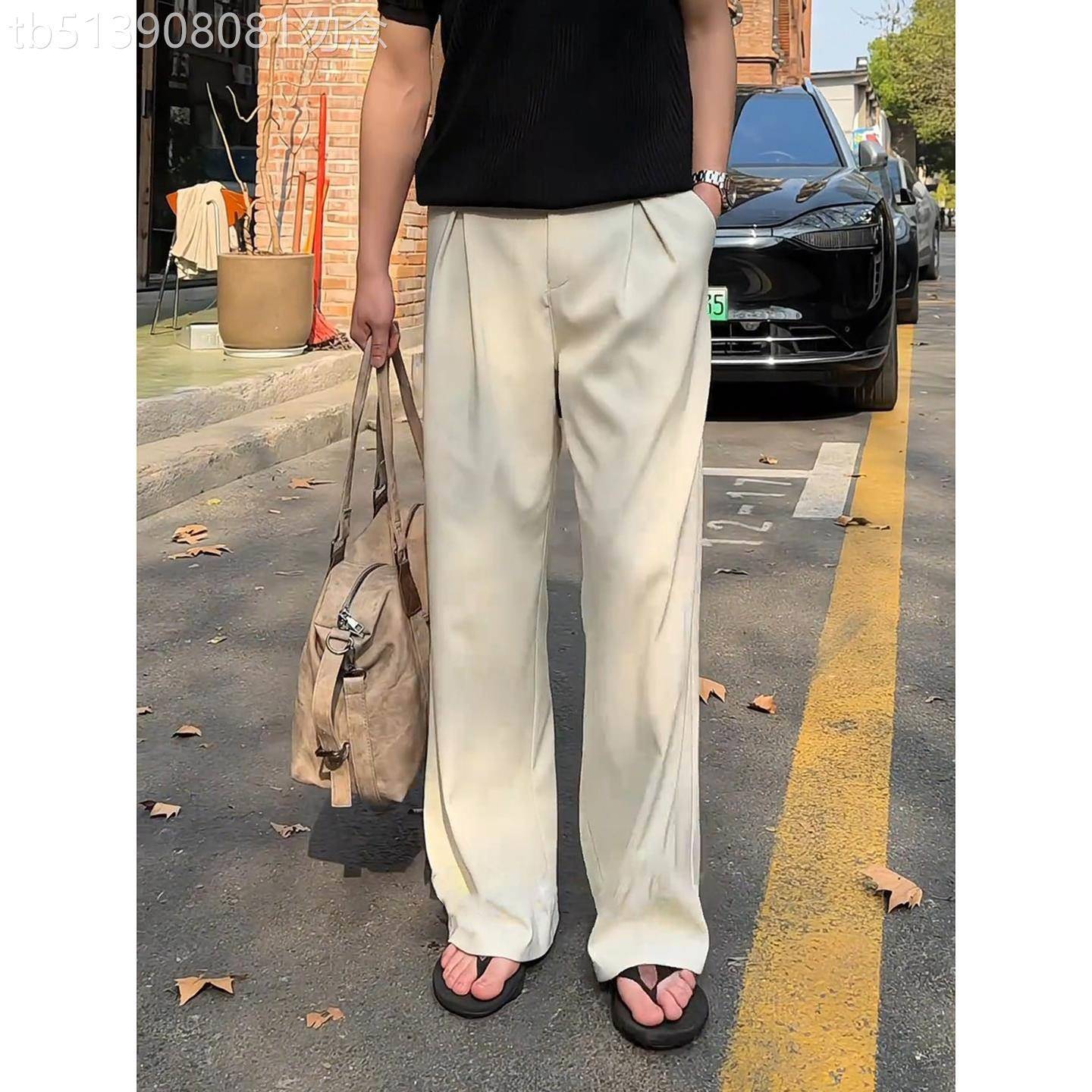 莱赛尔天丝亚麻西裤男士夏季薄款A字棉麻裤子宽松慵懒风直筒裤子
