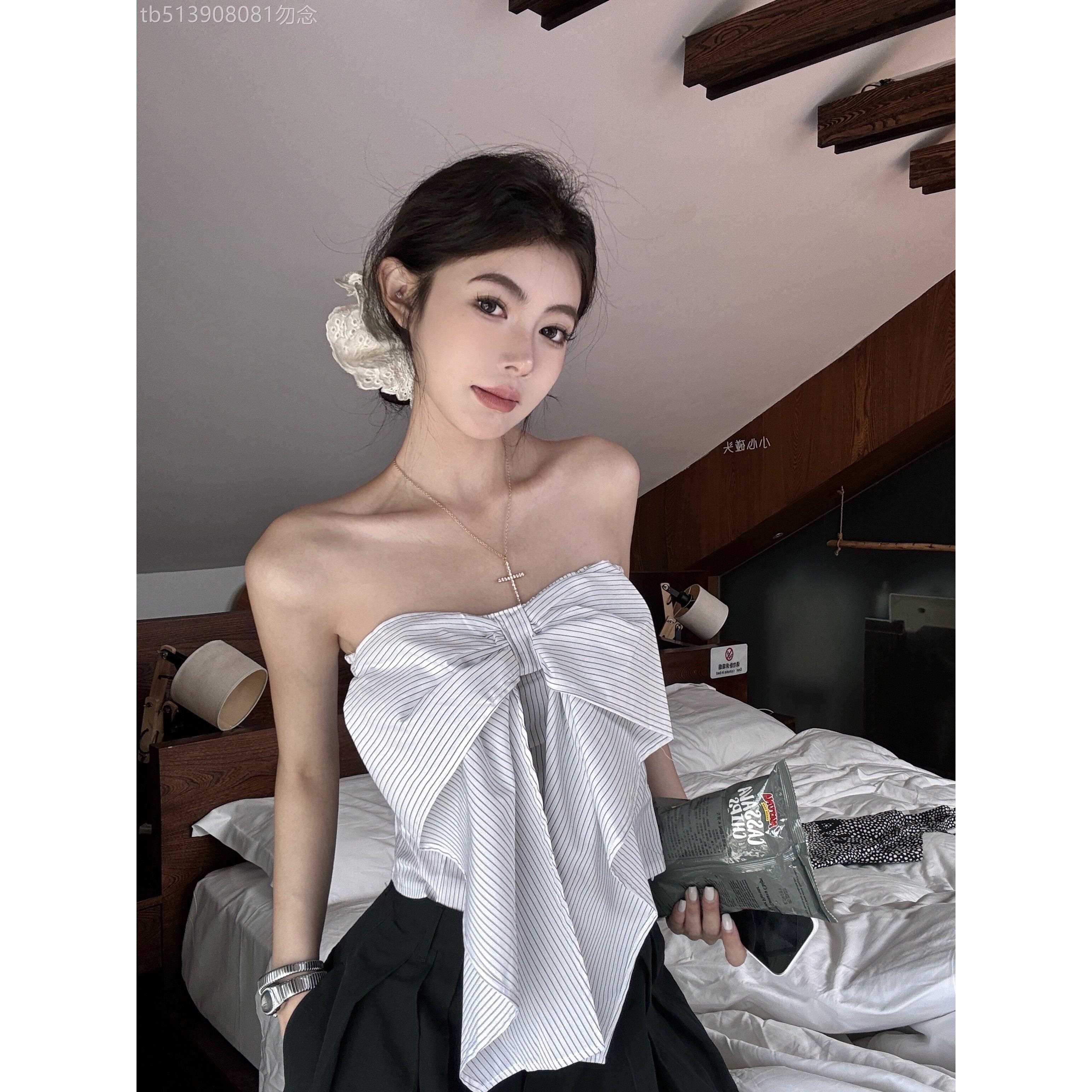 蝴蝶结条纹吊带背心女外穿夏季泰式甜辣妹一字肩抹胸jazz上衣绝美