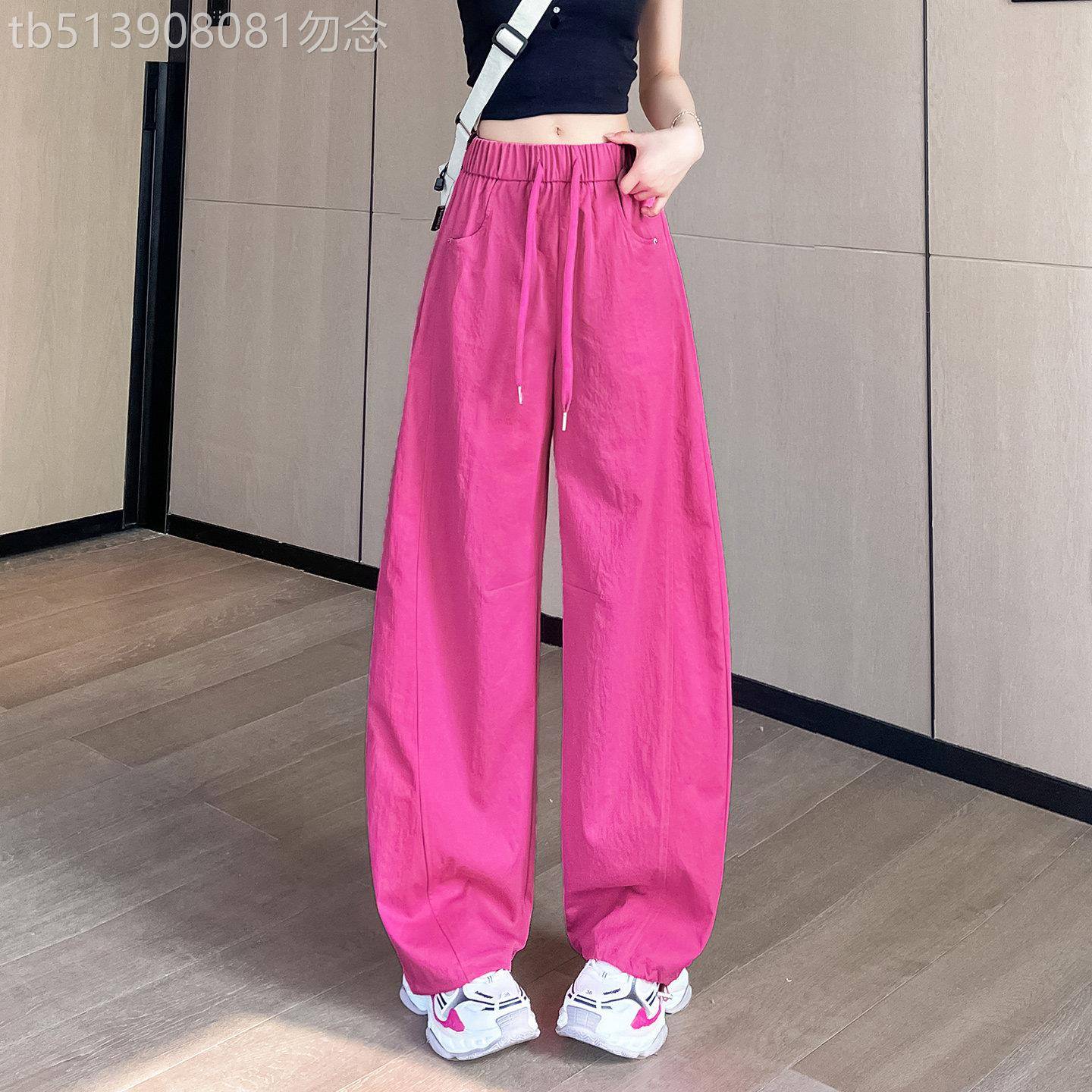 玫红色冰丝弯刀裤女2026新款夏季薄款松紧腰抽绳宽松运动阔腿裤子