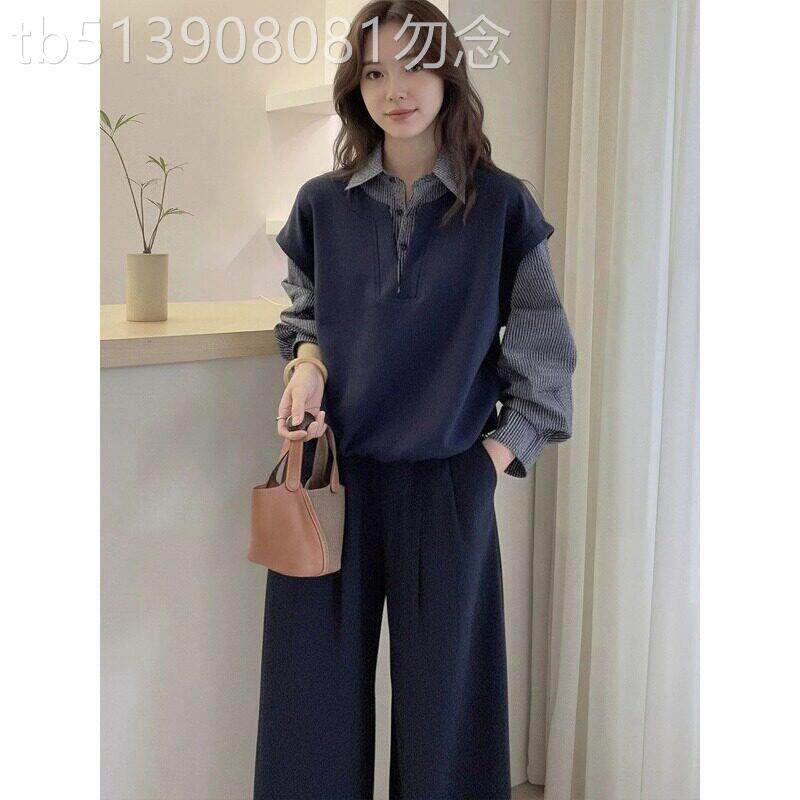 假两件针织翻领卫衣女春秋季2026新款拼接格子设计感休闲修身上衣