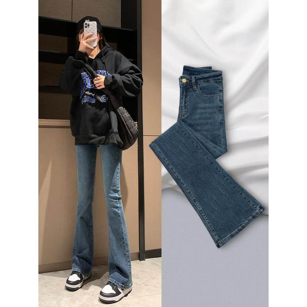 蓝色微喇叭牛仔裤子女秋冬加绒设计感2024新款高腰显瘦小个子阔腿