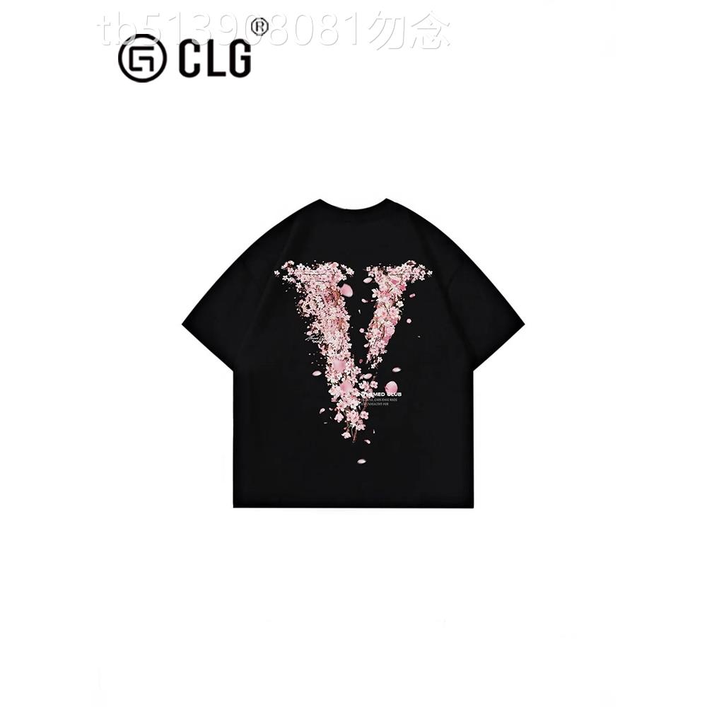香港Clg时尚品牌260g重樱花字母大V印花纯棉短袖圆领宽松多用途夏