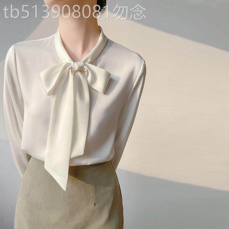 缎面衬衫女春秋季通勤职业显瘦时尚气质蝴蝶结飘带叠穿衬衫上衣潮