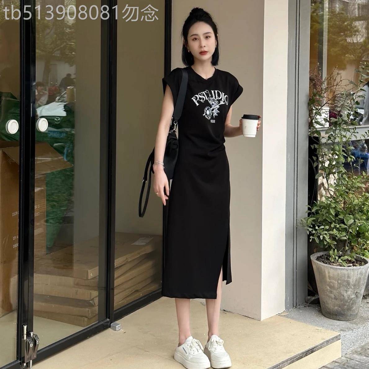 欧货时尚字母印花短袖连衣裙女夏季不规则显瘦收腰开叉长款T恤裙