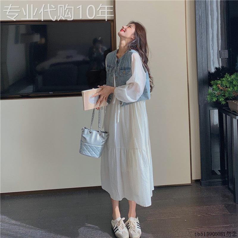 温柔风初恋设计感白色牛仔马甲洋装小清新2026新款春秋女两件套