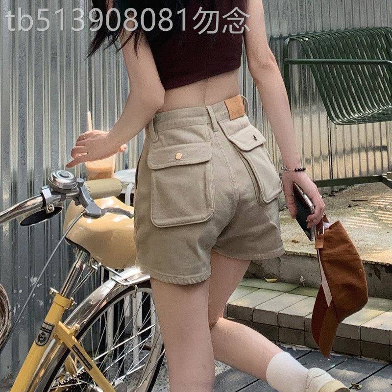 SPYB卡其色休闲牛仔短裤女夏季大口袋设计感时尚美式高腰热裤外穿