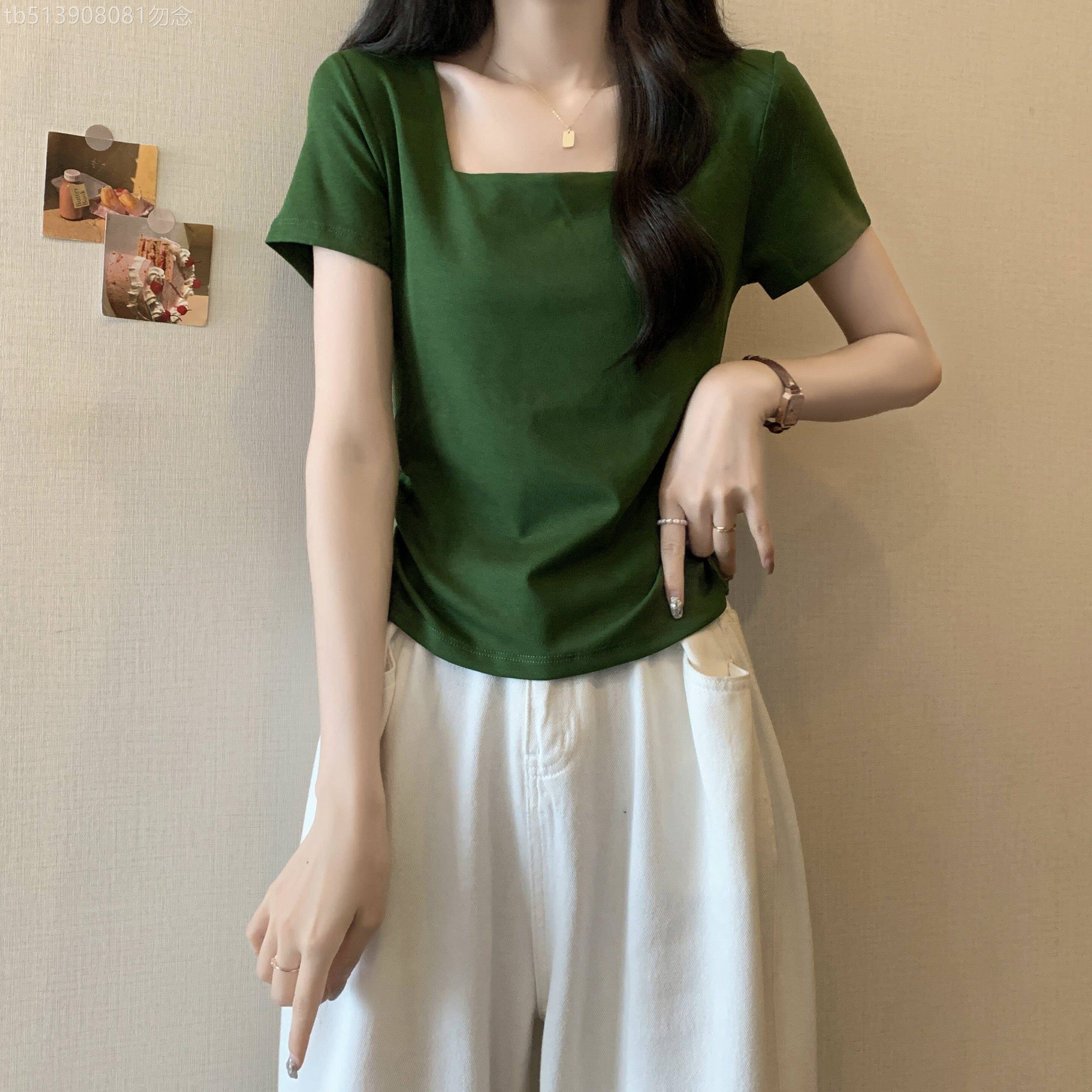 绿色显白方领正肩短袖T恤女夏季大尺码胖mm洋派卡腰小衫不对称上