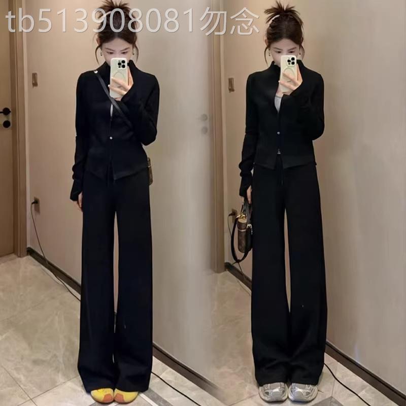 香港代购时尚休闲套装女春季新款显瘦开衫外套阔腿裤运动两件套潮