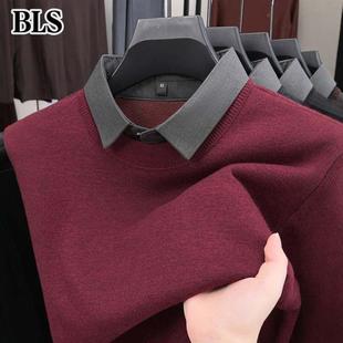 高端假两件衬衫领本命年毛衣男款秋冬2025新款爸爸装加绒羊毛上衣